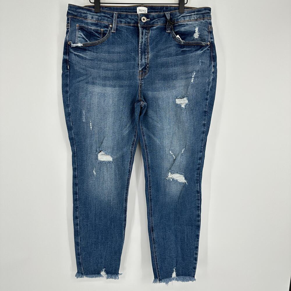 High Rise Frayed Raw Hem Ankle Distressed Skinny Jeans Blue Stretch Plus Size 3X